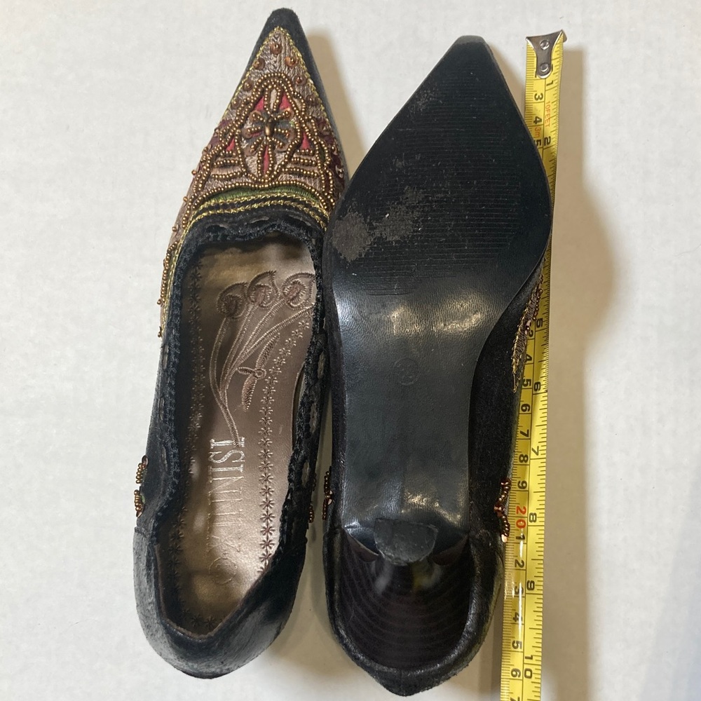 Project Vintage XINNISI Black Gold Bronze Embroidered Beaded Kitten Heels Sz 36 - Picture 11 of 13